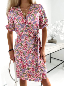 Kopertowa sukienka z wiązaniem SYLVIA - fioletowo-różowe kwiatki