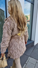 Jednorzędowy płaszcz damski w futrzaną kratkę ELITE LA MONNE - beżowy