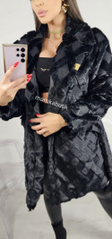 Jednorzędowy płaszcz damski w futrzaną kratkę ELITE LA MONNE - czarny