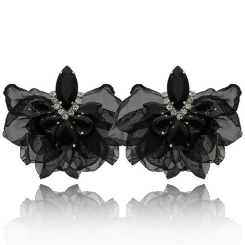 Kolczyki kwiaty wkętki jedwabne J12 z kryształami - czarne