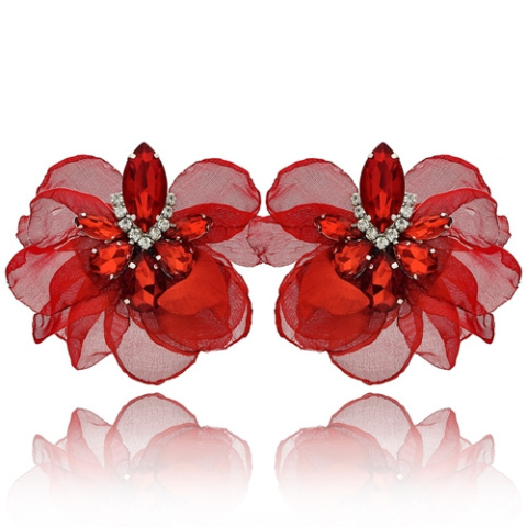Kolczyki kwiaty wkętki jedwabne J12 z kryształami - czerwone