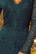 Sukienka koronkowa z długim rękawkiem i dekoltem - zielona