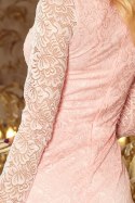 Sukienka koronkowa z długim rękawkiem i dekoltem - pudrowy róż