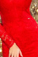 Sukienka koronkowa z długim rękawkiem i dekoltem - czerwona