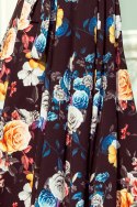 Długa suknia z hiszpańskim dekoltem - czarna w kolorowe kwiaty