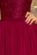 LEA długa suknia bez rękawków z koronkowym dekoltem - bordowa