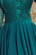 NICOLLE - sukienka z dłuższym tyłem z koronkowym dekoltem - zieleń butelkowa