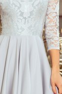 NICOLLE - sukienka z dłuższym tyłem z koronkowym dekoltem - szara