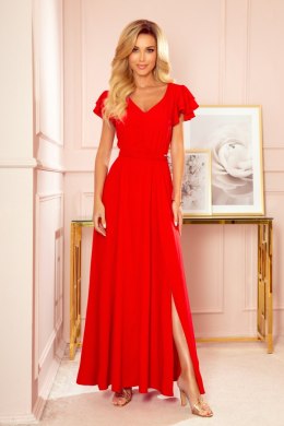 LIDIA długa sukienka z dekoltem i falbankami - czerwona