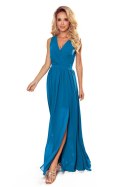 JUSTINE Długa suknia z dekoltem i wiązaniem - niebieska