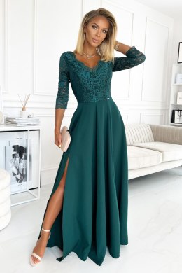Koronkowa elegancka długa suknia AMBER z dekoltem i rozcięciem na nogę - zieleń butelkowa