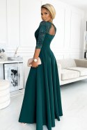Koronkowa elegancka długa suknia AMBER z dekoltem i rozcięciem na nogę - zieleń butelkowa