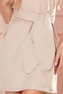 Sukienka z krótkim rękawekiem i szerokim wiązanym paskiem - beżowa