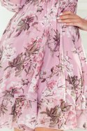 MONICA szyfonowa sukienka z wiązanym dekoltem - brudny róż + kwiaty