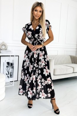 LISA Plisowana sukienka midi z dekoltem i falbankami - kwiat brzoskwini na czarnym tle