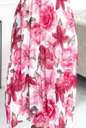 CARLA Plisowana sukienka midi z guziczkami i długim rękawkiem - ciemno-różowe kwiaty na białym tle