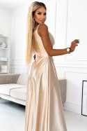 CHIARA elegancka maxi długa satynowa suknia na ramiączkach - złota