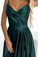 CHIARA elegancka maxi długa satynowa suknia na ramiączkach - zieleń butelkowa