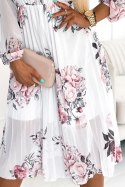 CARLA Plisowana sukienka midi z guziczkami i długim rękawkiem - róże na białym tle