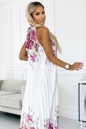ESTER Plisowana satynowa sukienka maxi - biała w różowe kwiaty