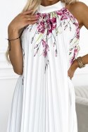 ESTER Plisowana satynowa sukienka maxi - biała w różowe kwiaty