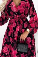 GEPPI Plisowana sukienka MIDI z dekoltem, długim rękawkiem i paskiem - czarna w czerwone róże