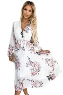 GEPPI Plisowana sukienka MIDI z dekoltem, długim rękawkiem i paskiem - biała w róże