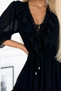 BOHO Szyfonowa kobieca sukienka wiązaniem na dekolcie - czarna