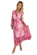 ENRICA Sukienka z dekoltem i długim rękawkiem - różowe fale - siatka