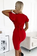 NINA sukienka z kopertowym dekoltem, rękawkiem i paskiem - czerwona