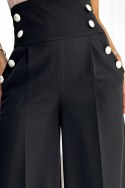 Eleganckie szerokie spodnie z wysokim stanem i złotymi guzikami - czarne