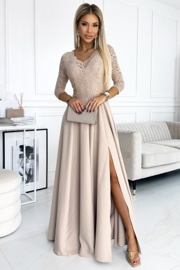 Koronkowa elegancka długa suknia AMBER z dekoltem i rozcięciem na nogę - beżowa