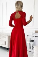 Koronkowa elegancka długa suknia AMBER z dekoltem i rozcięciem na nogę - czerwona