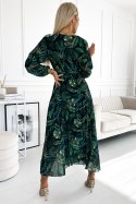 Plisowana szyfonowa długa sukienka INGRID z dekoltem, długim rękawkiem i paskiem - zielone liście