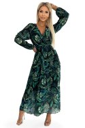 Plisowana szyfonowa długa sukienka INGRID z dekoltem, długim rękawkiem i paskiem - zielone liście