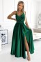 JULIET elegancka długa satynowa suknia z dekoltem - zieleń butelkowa
