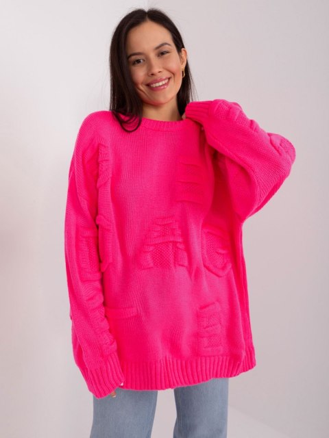 Różowy sweter oversize z okrągłym dekoltem - fluo różowy